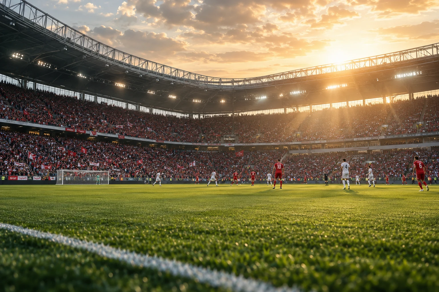 Uno stadio di calcio illuminato con gli spalti pieni